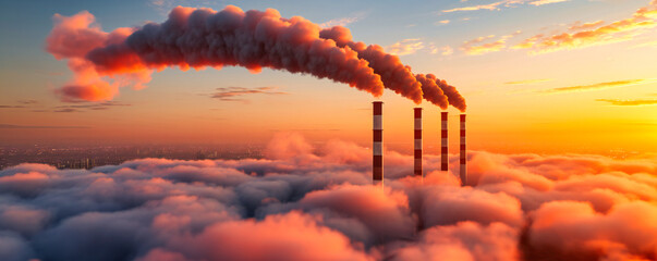 Industrial landscape with factories emitting smoke, highlighting issues of air pollution, environmental impact, and climate change