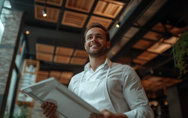 Portrait of a professional smiling waiter, restaurant environment