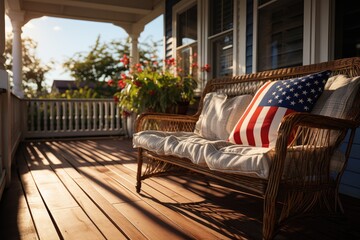 Charming traditional home with front porch decorated with the USA flag for the 4th of July - obrazy, fototapety, plakaty