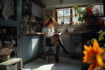 Frau liest ein Buch in einer großen Küche - obrazy, fototapety, plakaty