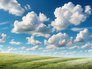 Fototapeta premium Beautiful grassy fields and summer blue sky with fluffy white clouds in the wind. Wide format.