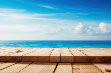 Obraz premium Wooden table top with empty space, summer vocation, sand beach