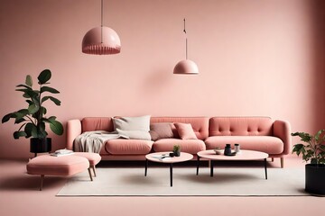 Minimalist bliss in a room with a coral pink sofa and a modern coffee table against an empty pale pink wall, embodying Scandinavian design.