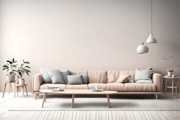 A serene Scandinavian living room, featuring a simple sofa and coffee table against an empty wall mock-up in soothing pastel tones.