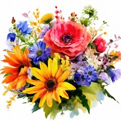 bouquet of summer flowers watercolor isolated on white background.