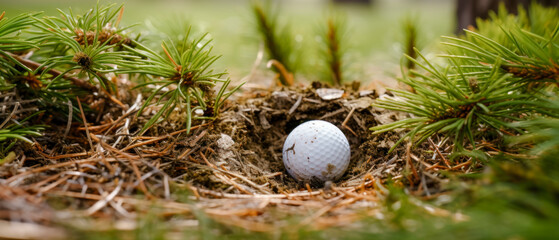 Golf Ball that finds itself in a Difficult Situation after the Shot that Every Golfer Knows Wallpaper Background Brainstorming Family Digital Art Magazine Poster Symbolimage