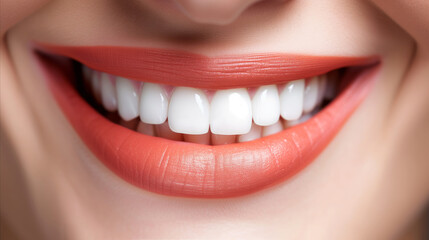 Close-up of a womans mouth, showcasing her white perfect teeth smile