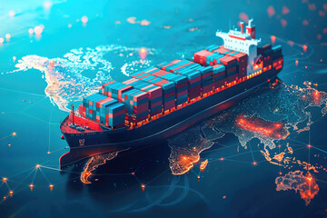 A digital art concept of a cargo ship laden with containers traveling across a stylized map of the world, with glowing trade routes and hotspots signifying global maritime logistics.