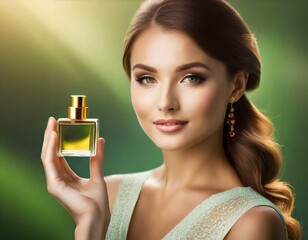 Kobieta trzymająca w dłoniach butelkę perfum. Zielone, naturalne tło - obrazy, fototapety, plakaty