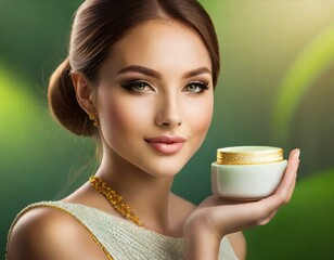 Woman holding a jar of cream in her hands, green, natural background - obrazy, fototapety, plakaty