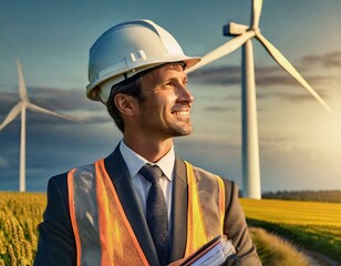 Inżynier na tle turbin wiatrowych stojących na polu. Motyw energii ekologicznej i zrównoważonego rozwoju
