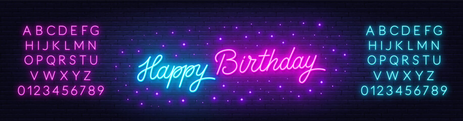 Happy Birthday neon text on brick wall background © TanyaFox
