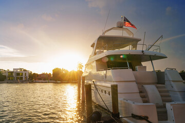 Luxury boat in Miami Beach at sunset, Florida, USA