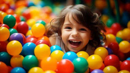 A close-up portrait of a laughing little girl having fun in an inflatable pool with colorful balloons at a birthday party at a children's amusement park.