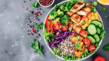 A vibrant salad bowl with a mix of colorful vegetables, lean grilled chicken and quinoa