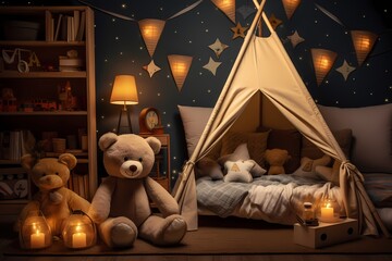 Nighttime in a kindergarten room, with a cozy setup including toys, a lovable teddy bear, and an...