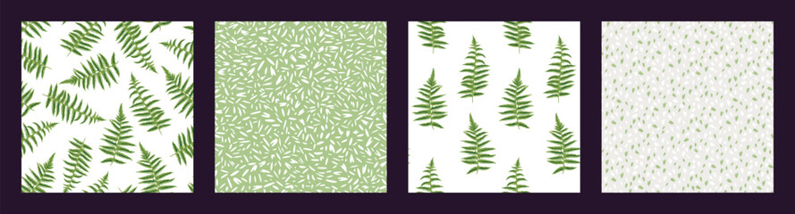 Set of seamless patterns  with abstract stylized branches leaves fern. Vector hand drawn. Green collage simple patterned textured print with random spots, polka dots, drops. Templates for design
