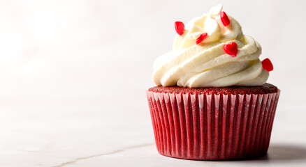 Valentine's day sweets. Red velvet cupcakes. Tasty cupcake with hearts. Copy space