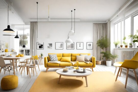 Scandinavian-style living space with touches of muted yellow, creating a bright and welcoming atmosphere.