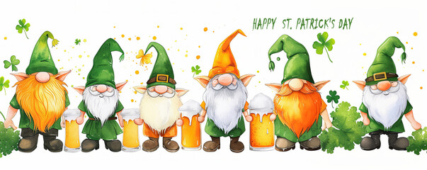 Fototapeta premium Hand-drawn illustration of 6 gnomes, beer, clover . St. Patrick's Day panorama