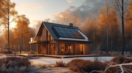 Eco friendly contemporary passive house with light inside and solar panels and terrace in winter with photovoltaic system on the roof against forest landscape