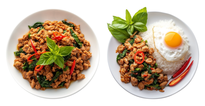 Stir-fried minced pork with basil on transparent backgroundม Thai food 	