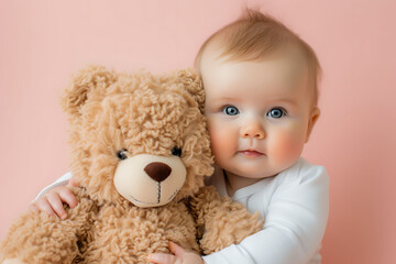 Adorable Baby with Teddy Bear, Infant Holding Plush Toy, Cute Baby Portrait, Pink Background