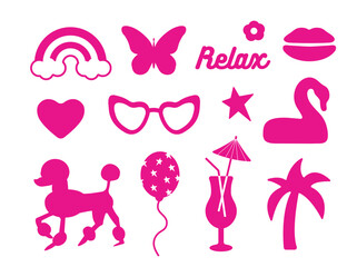 Popular pink collection for girls. heart, daisy, rainbow, butterfly, star. logo, sticker, isolated elements on a white background. for print, banner, postcard. art vector illustration.  barbie  style