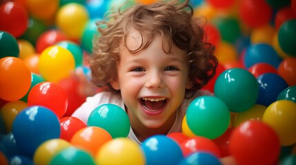 Fototapeta na wymiar Close-up portrait of a laughing little boy having fun in a pool with colorful balloons on birthday party at a children's game center.