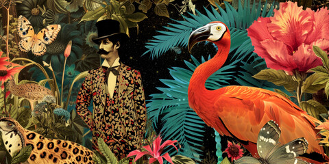Pop art collage. Flamingo and man in the jungle. Wildlife concept