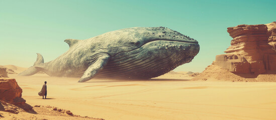 Man with whale in desert. Vintage surreal art. Panorama