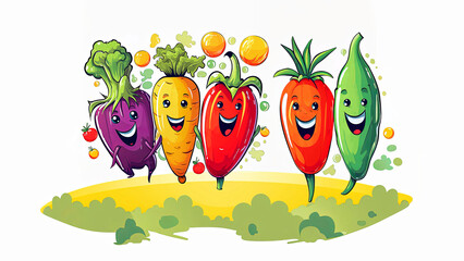Set of cartoon laughing vegetables with a face.  Smiling food