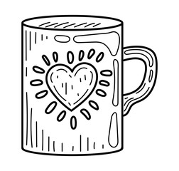 Coloring book mug with heart doodle. Drink of love. Hand drawn vector illustration.