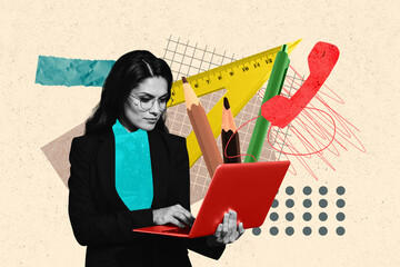 Photo collage artwork of confident lady teacher creating education program isolated graphical background