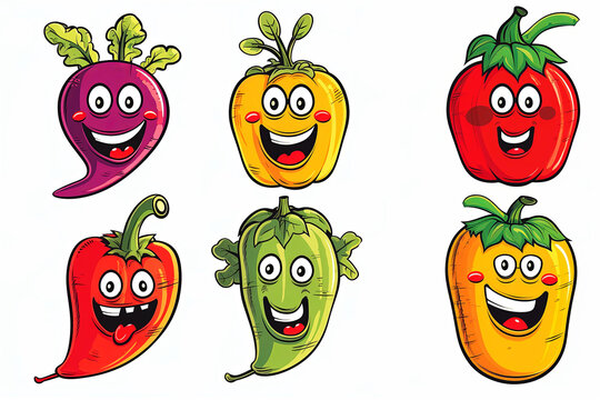 Six cartoon funny vegetables with a face.  Smiling food