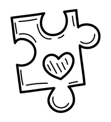 Coloring book puzzle piece with heart doodle. Game of love. Hand drawn vector illustration.
