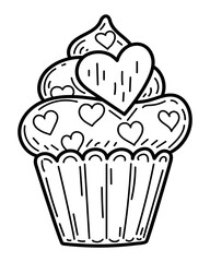 Coloring book cupcake with cream and heart doodle. Sweet dessert. Hand drawn vector illustration.