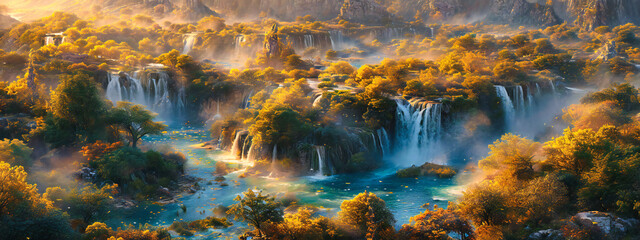 Majestic waterfall in a lush forest setting, capturing the natural beauty and serene atmosphere of a pristine landscape