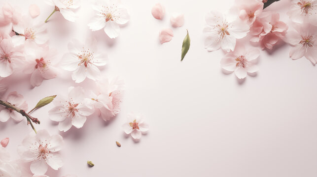 background top view with cherry spring flowers