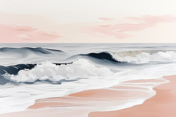 Abstract seaside painting, crashing waves, pastel sky, minimalist approach.
