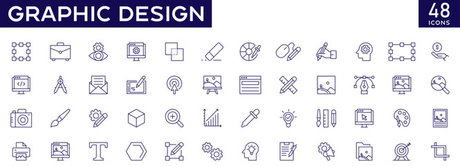 Graphic design icons set with fully editable stroke thin line vector illustration with stationery, software, creative package, creativity, tools, drawing, print, illustration, web, typography, colors