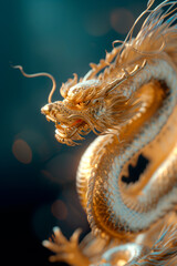 Closeup of 3D golden dragon statue in Chinese temple, symbol of Chinese New Year