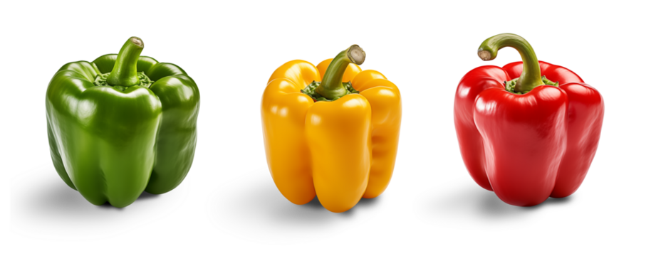 Red, yellow and green peppers isolated on transparent background. Generative AI