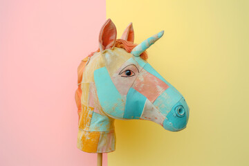 
children's toy - the head of a beautiful fabric horse on a stick isolated on a pastel background. hobbyhorsing concept
