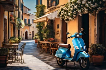 Rollo Peaceful streetscape of an Italian town, featuring a blue scooter parked near a quaint cafe, capturing the beauty of daily life in a charming setting © Haider