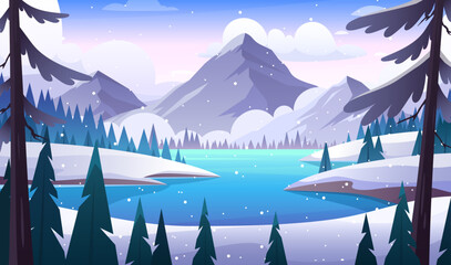 Winter mountain lake landscape. Vector horizontal illustration of winter cold nature with field, lake, river, forest, pine trees, mountains. Snowy hills and valley panorama. Outdoor holiday activity