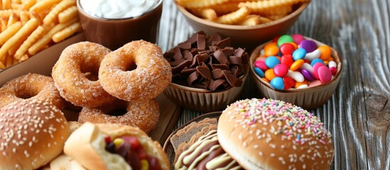 Unhealthy lifestyle involving high-carb snacks leading to health problems like bulimia and heart disease. - obrazy, fototapety, plakaty