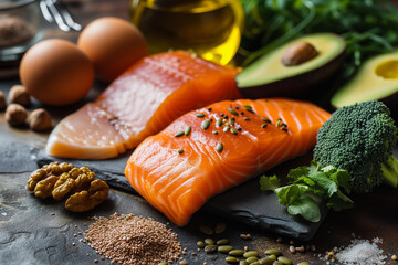 foods rich in omega 3. red fish steak, olive oil, avocado, walnuts, eggs, flax seeds and chia...