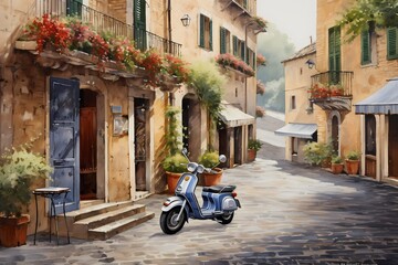 Peaceful streetscape of an Italian town, featuring a blue scooter parked near a quaint cafe, capturing the beauty of daily life in a charming setting