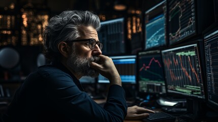 A contemplative financial trader scrutinizes market fluctuation charts on computer screens in a dim office.